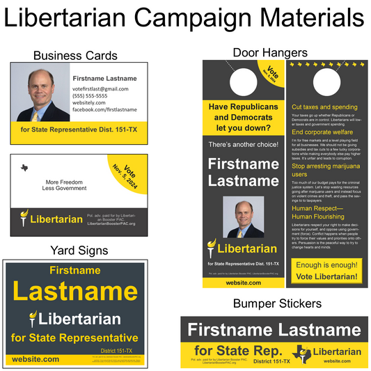 Campaign Materials like business cards, signs, stickers, door hangers, and more