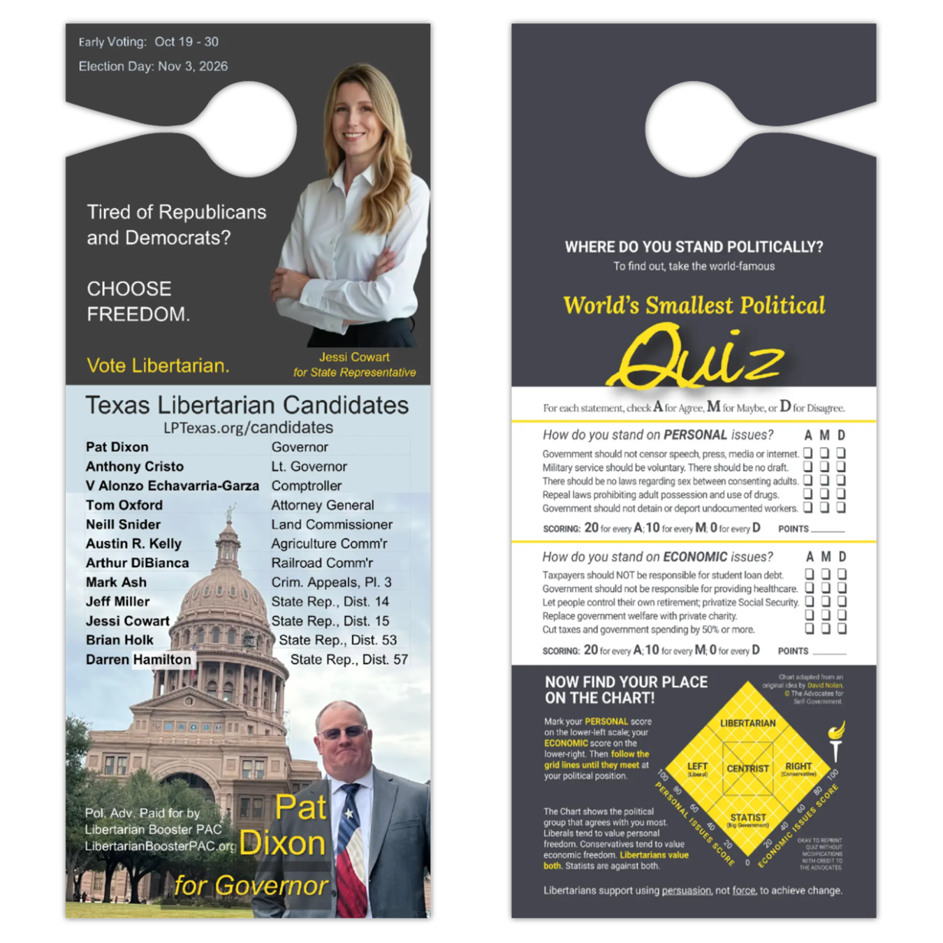 Quiz Door Hanger for Texas Libertarian Candidates (4.5" × 11")